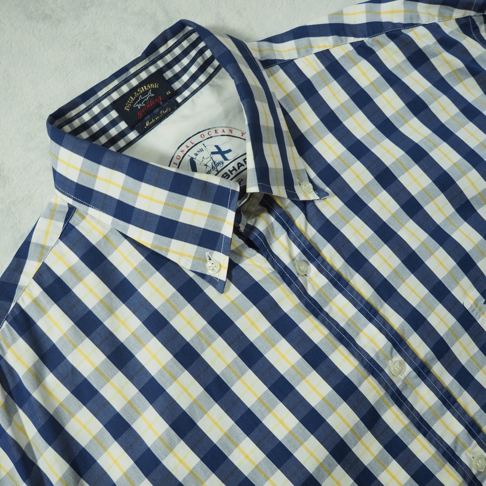 Paul & Shark Sz 44 Blue White Yellow Plaid Casual Button-Down Shirt